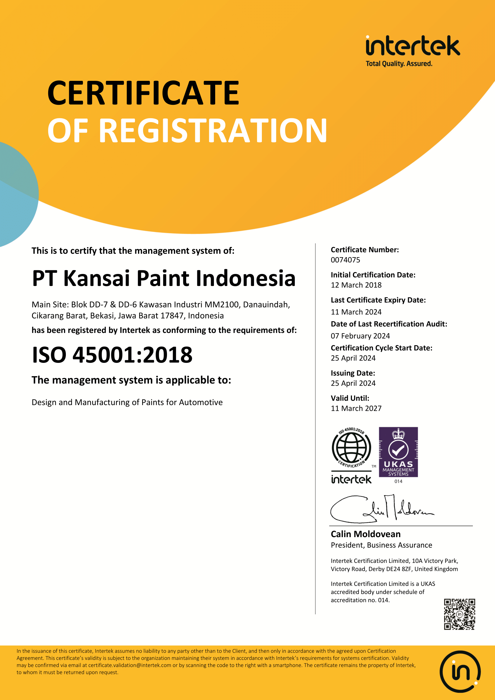 ISO 45001:2015 Certificate